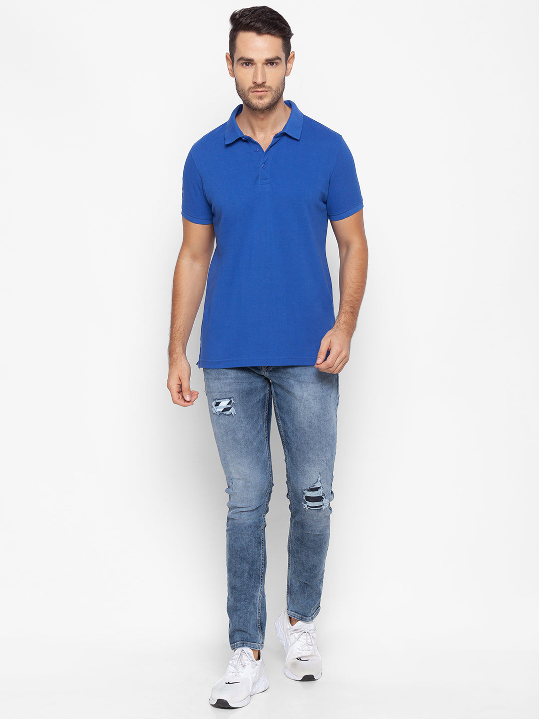 Spykar Men Blue Cotton Slim Fit Polo T-Shirt