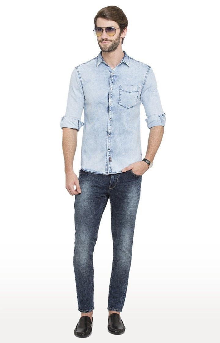 Spykar Men'S Blue Cotton Solid Casual Shirts