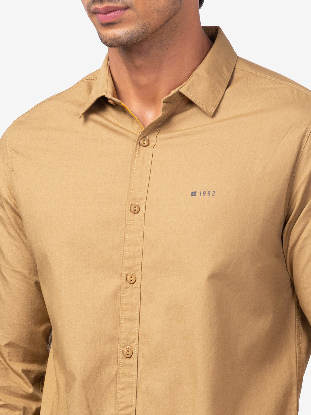 Spykar Men Khaki Cotton Slim Fit Plain Shirts