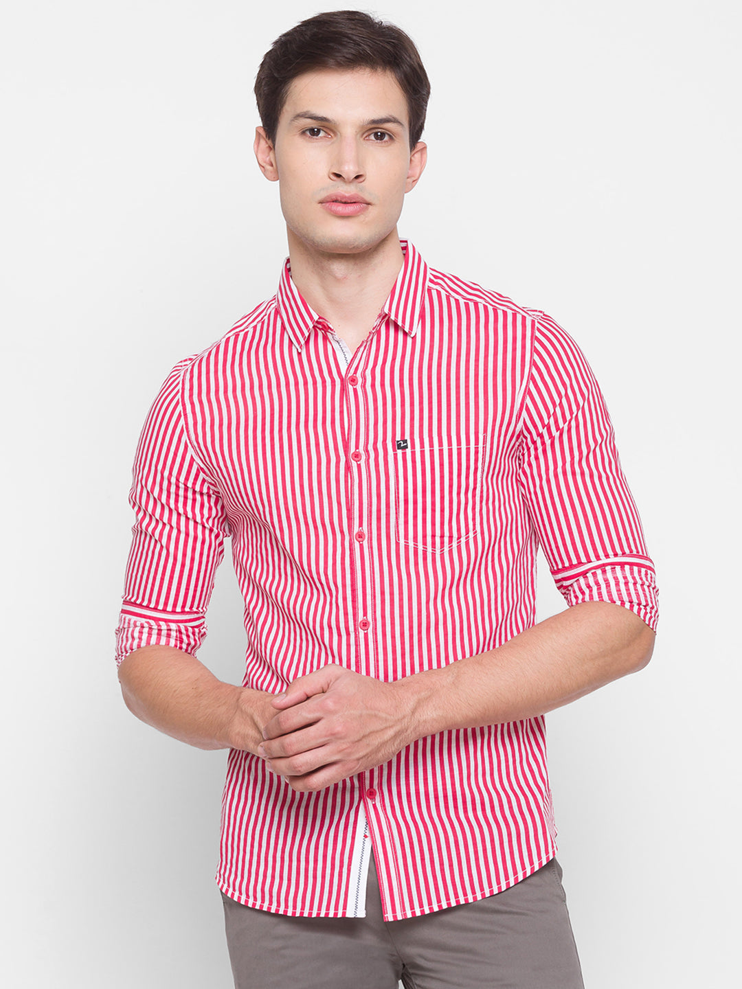 Spykar Slim Fit Pink Cotton Men Shirt