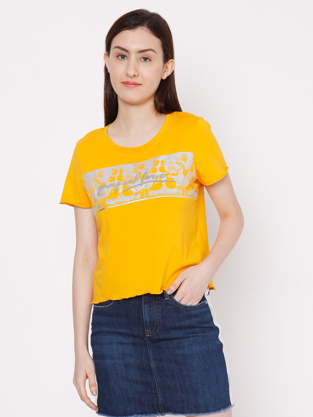 Spykar Women Yellow Cotton Slim Fit Round Neck T-Shirts