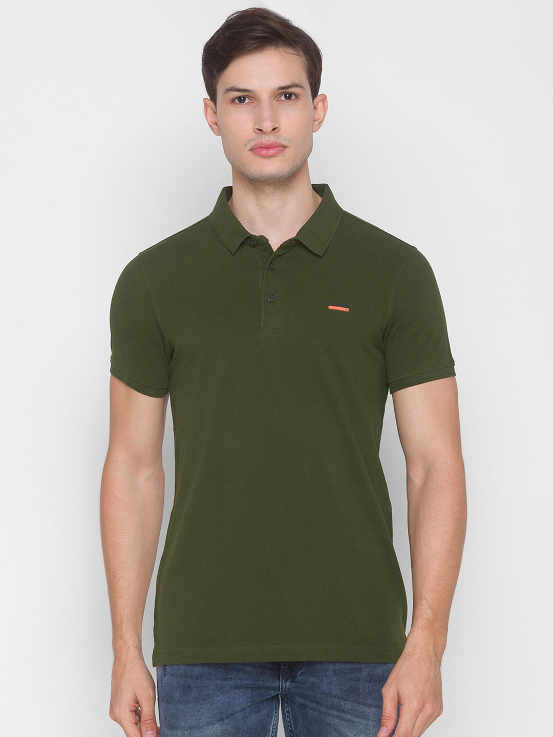 Spykar Men Green Cotton Slim Fit Round Neck Polo T-Shirt