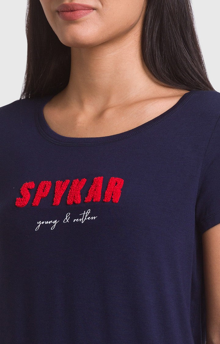 Spykar Navy Blue Blend Half Sleeve Printed Casual T-Shirts For Women