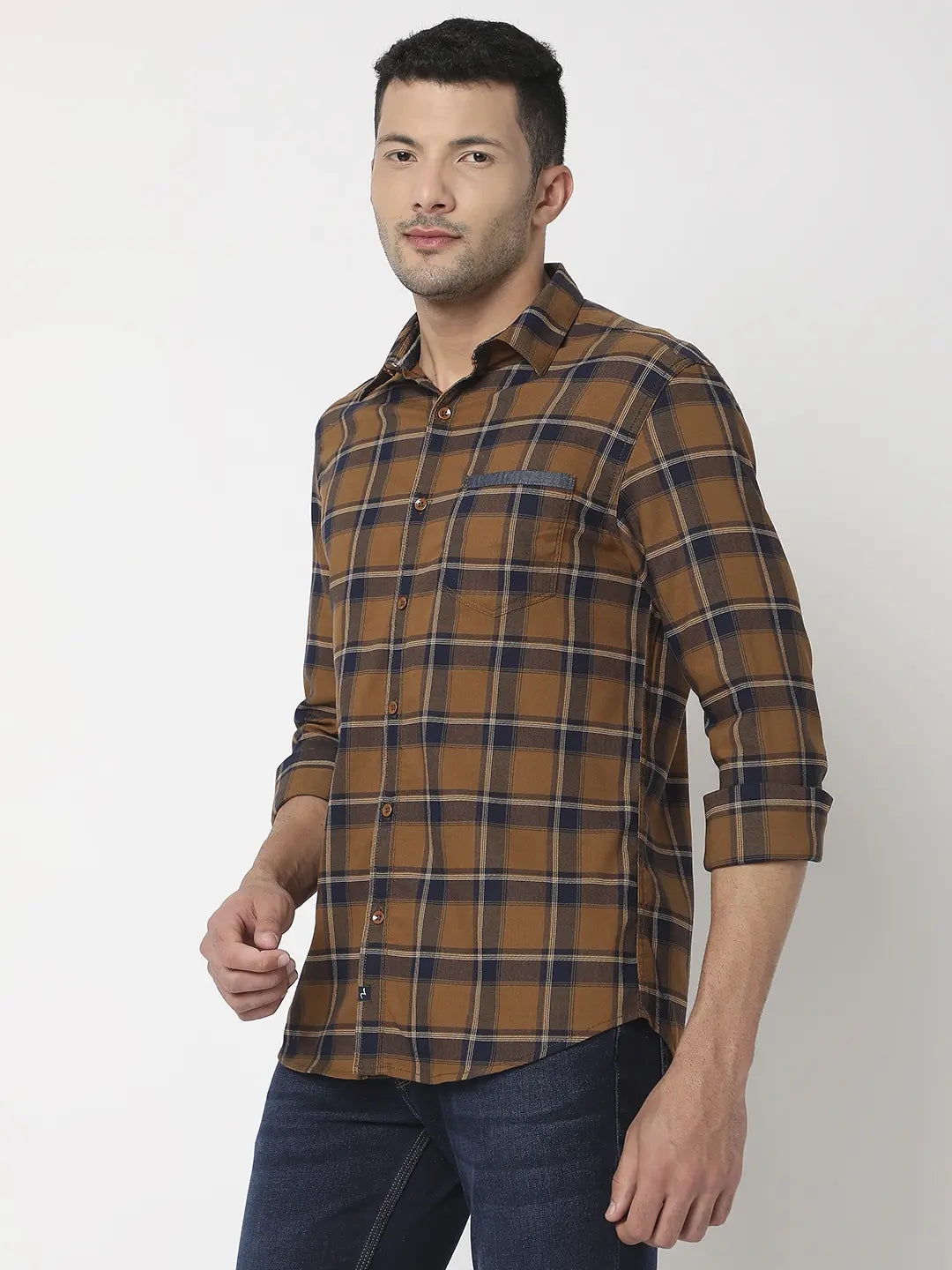 Spykar Men Khaki Cotton Slim Fit Checkered Shirt