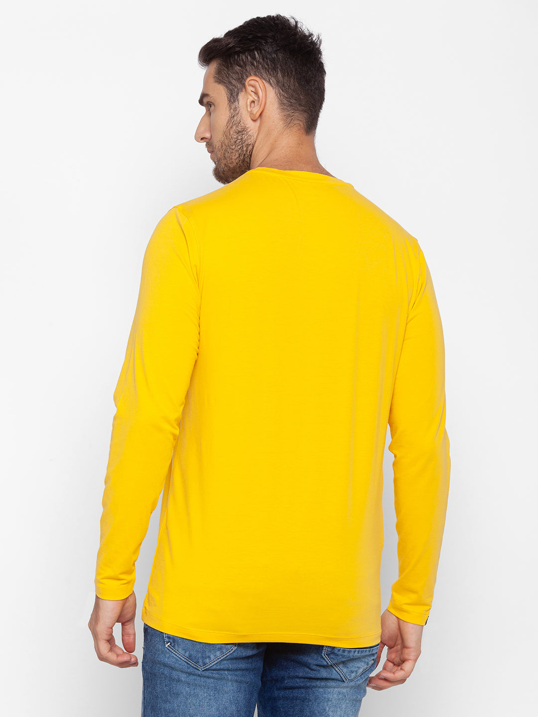 Spykar Men Yellow Cotton Slim Fit Round Neck T-Shirt