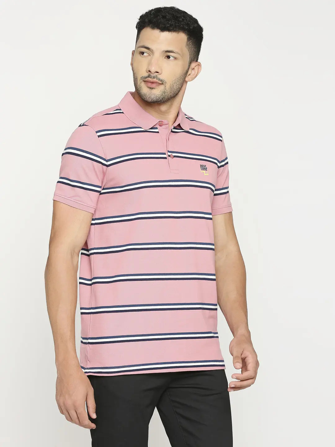 Spykar Men Pink Blended Regular Fit Striped Polo Tshirt