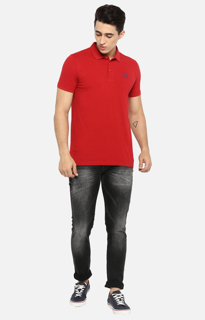 Spykar Red Solid Slim Fit Polo T-Shirt