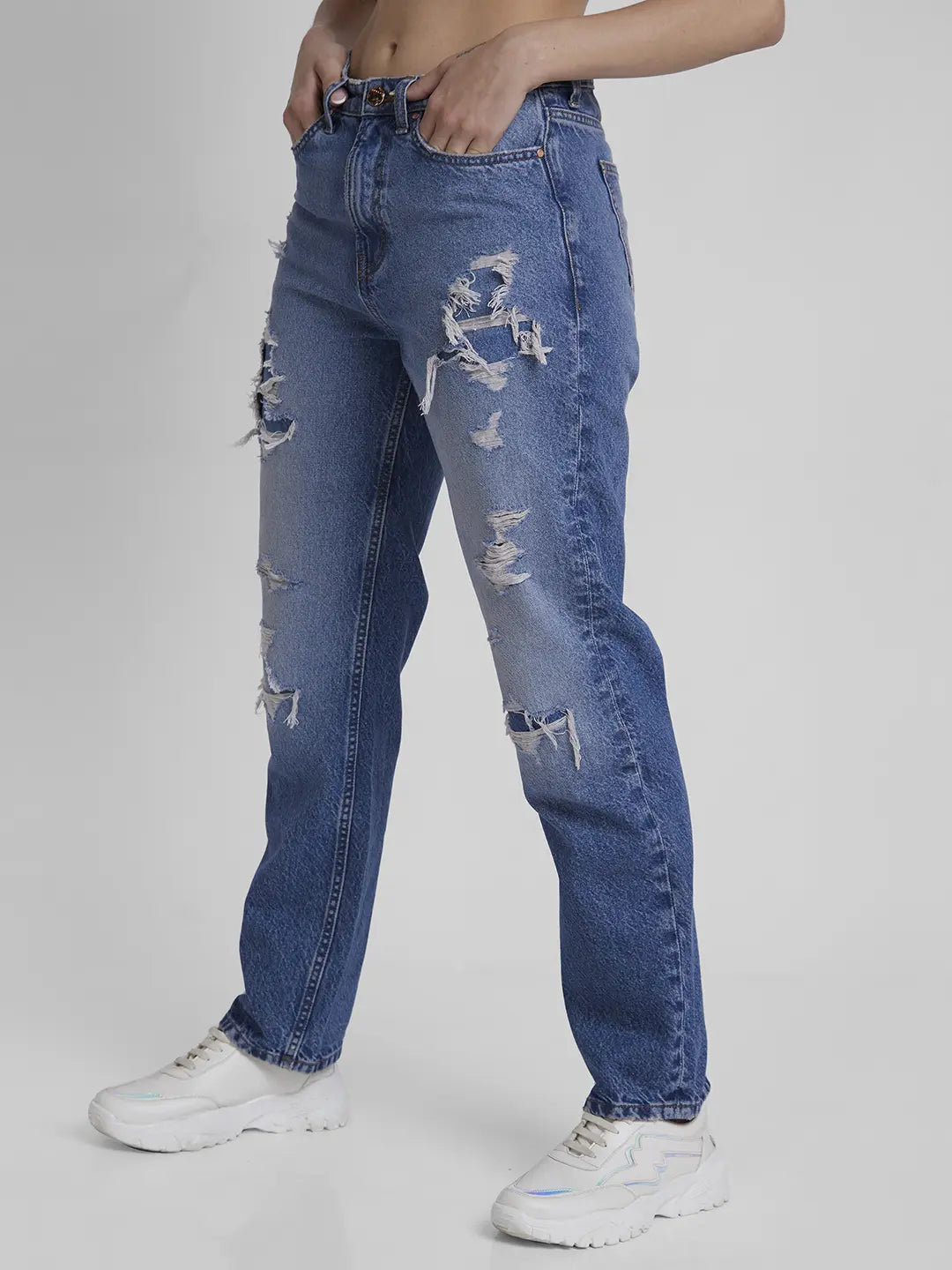 Spykar Women Mid Blue Cotton Straight Fit Regular Length Highly Distressed Jeans -(Bella)