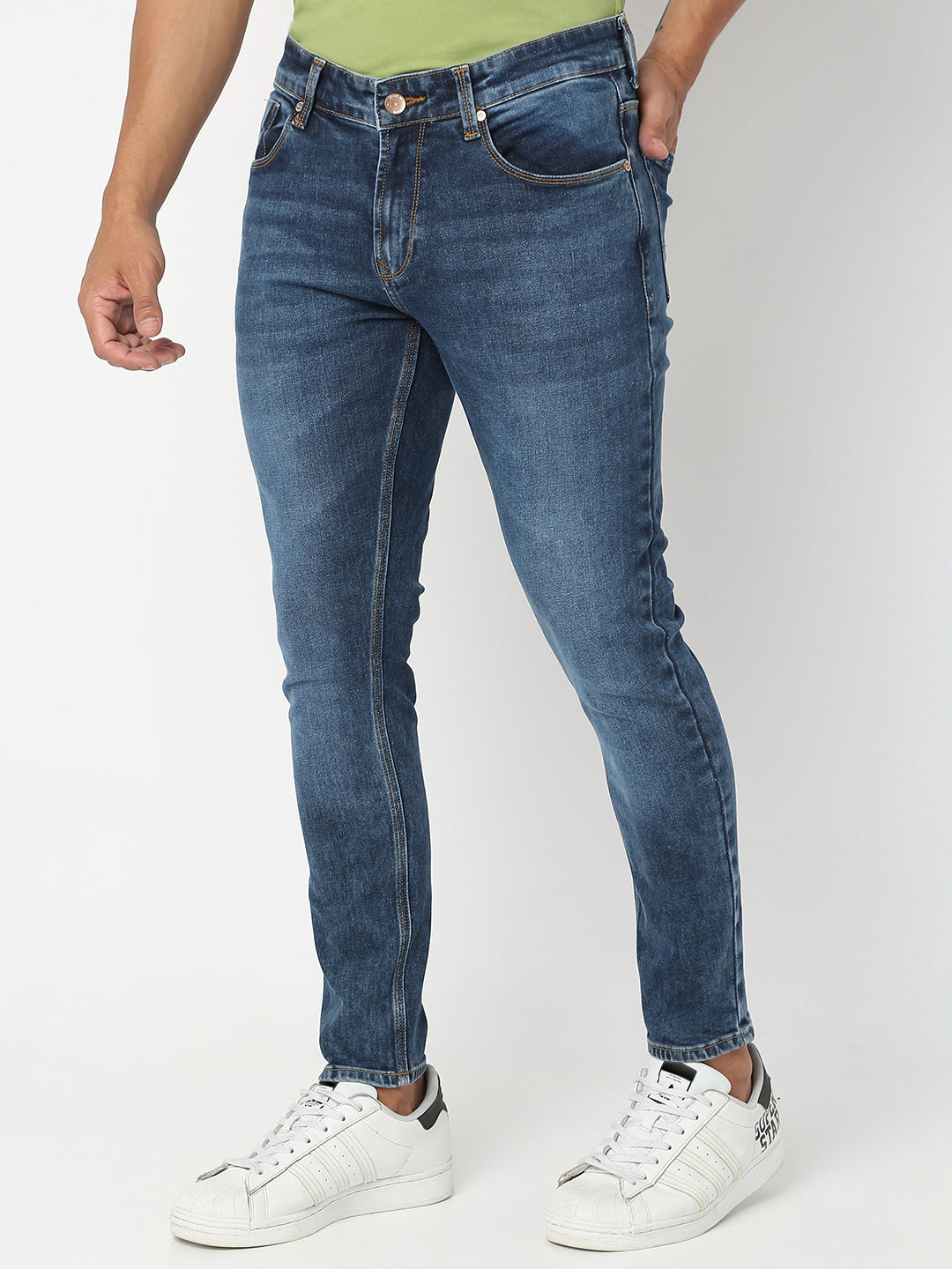 Spykar Men Mid Blue Cotton Slim Fit Tapered Length Jeans (Kano)