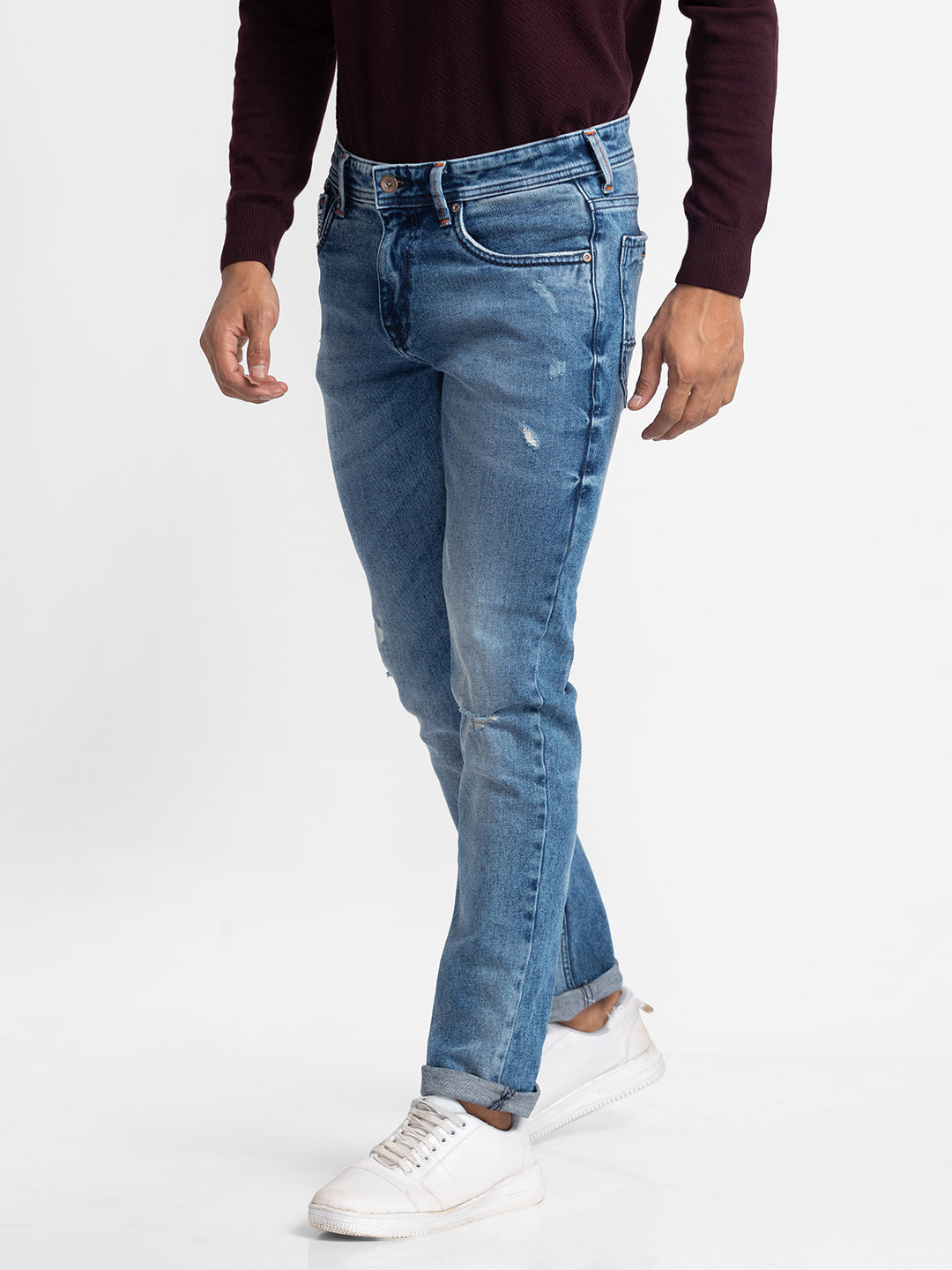 Spykar Mid Blue Cotton Regular Fit Narrow Length Jeans For Men (Rover)