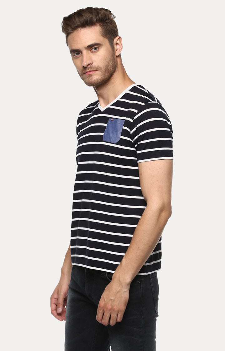 Spykar Navy Blue Striped Slim Fit Men T-Shirts