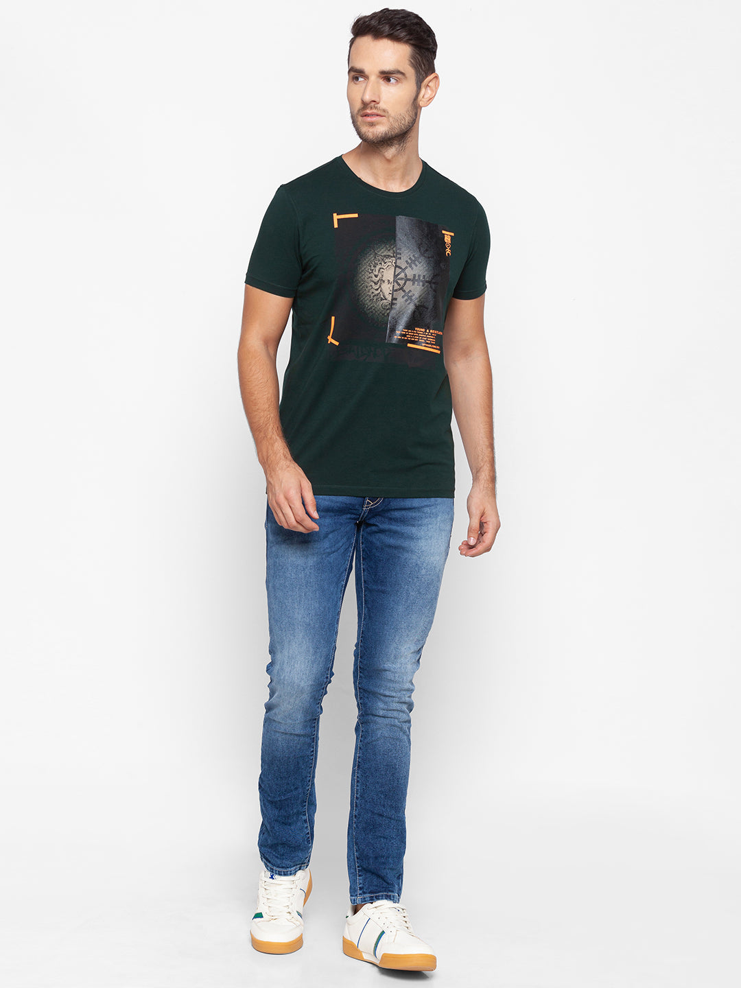 Spykar Men Green Cotton Slim Fit Round Neck T-Shirt