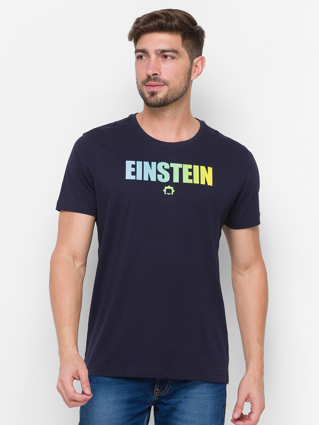 Albert Einstein Spykar Men Blue Cotton Slim Fit Round Neck T-Shirt