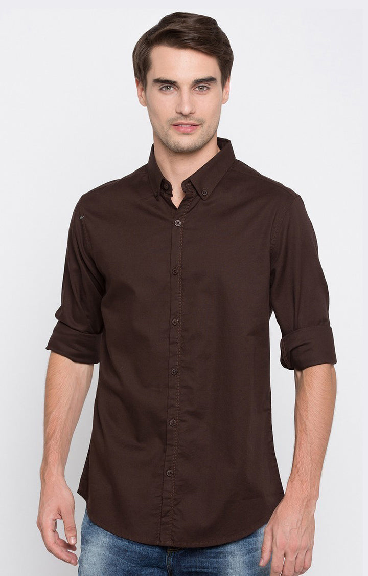 Spykar Men'S Brown Cotton Solid Casual Shirts