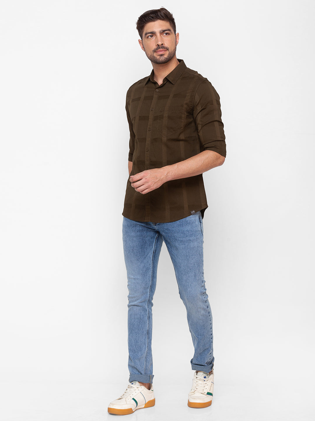 Spykar Military Green Cotton Full Sleeve Plain Shirt For Men