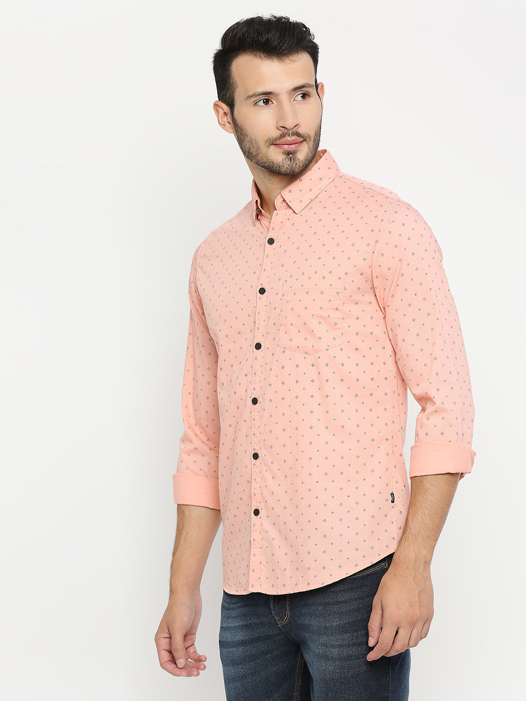 Spykar Men Pink Cotton Full Sleeve Printed Shirt