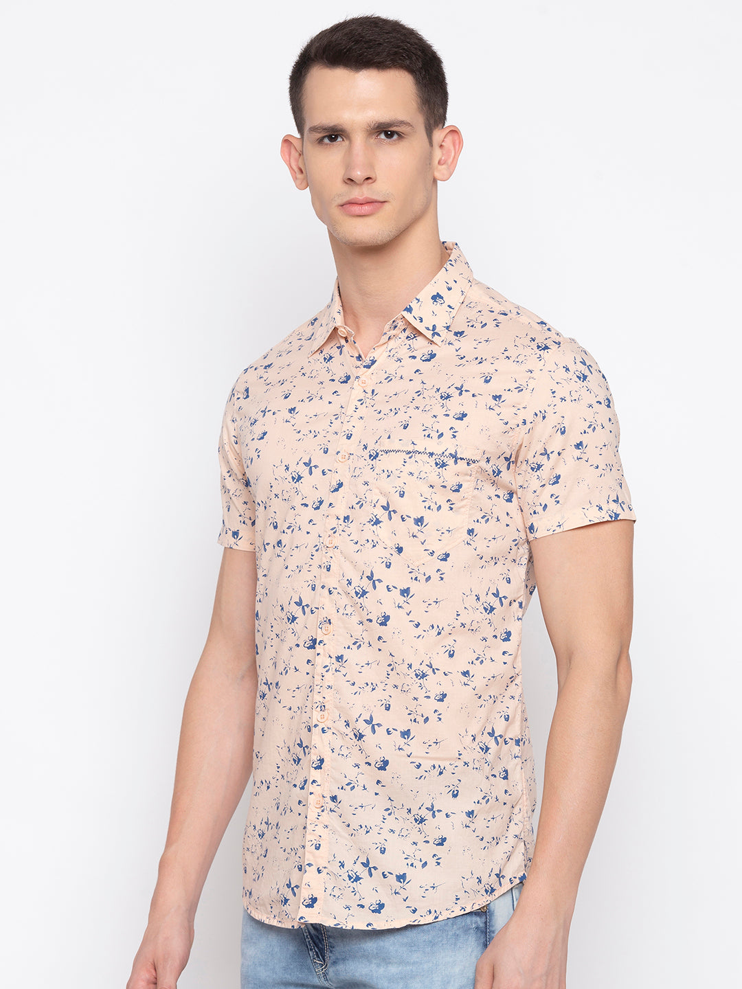 Spykar Men Peach Printed Slim Fit Casual Shirt