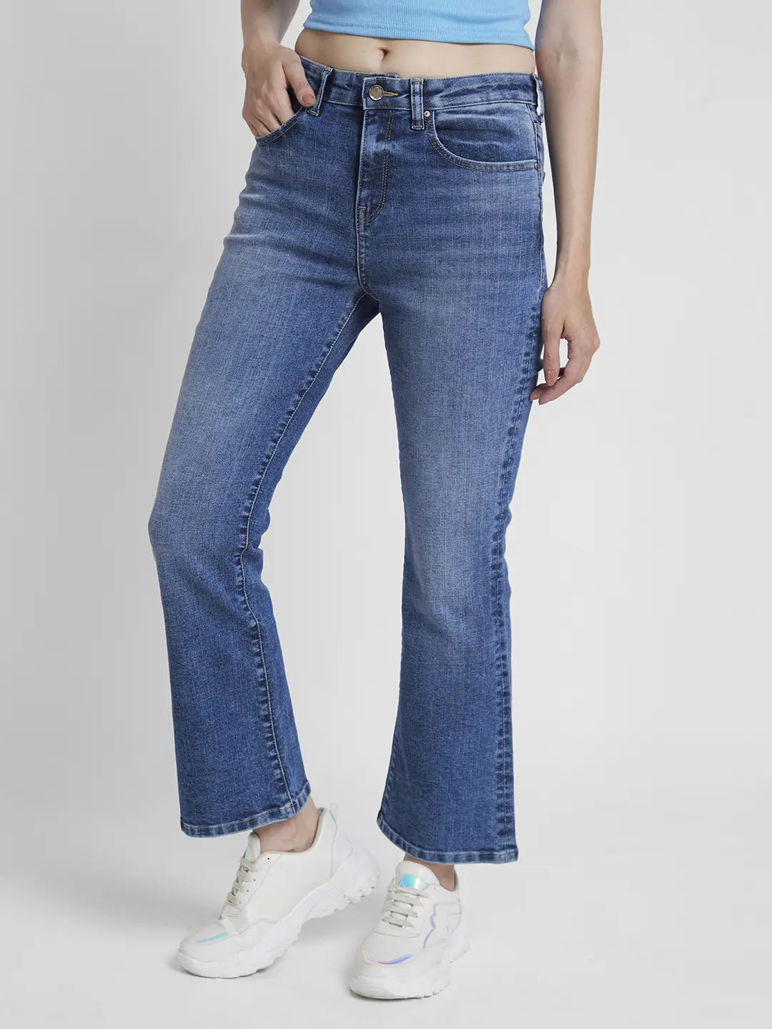 Order Women Mid Blue Lycra Bootcut Fit Jeans Spykar