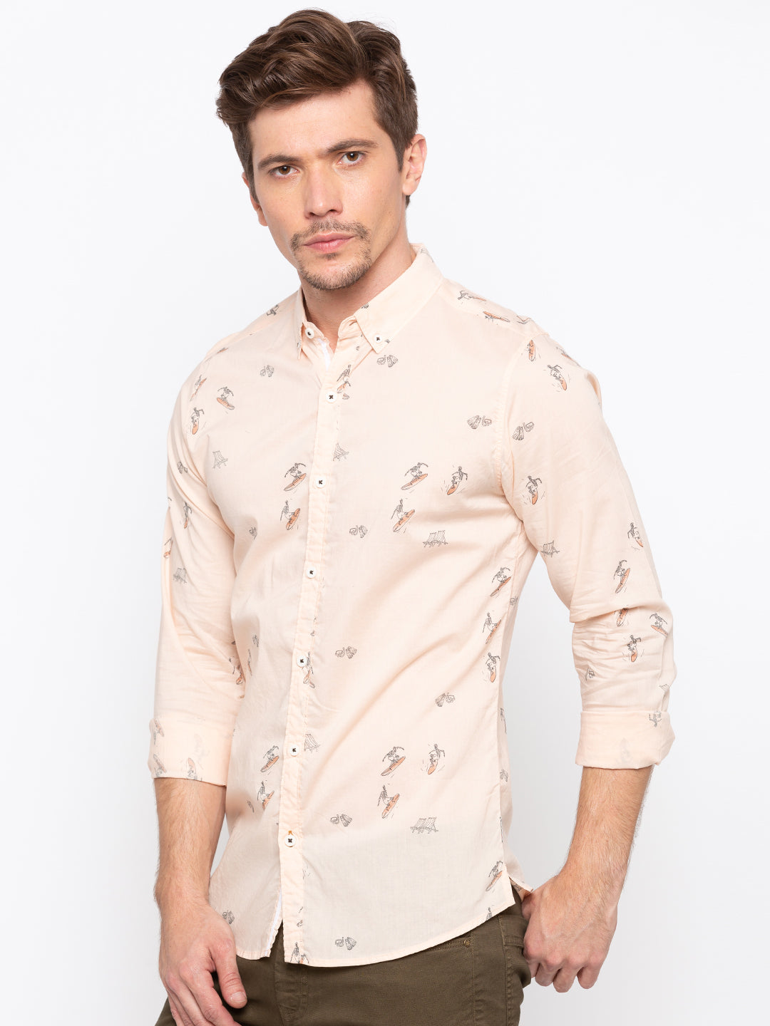 Spykar Men Peach Printed Slim Fit Casual Shirt