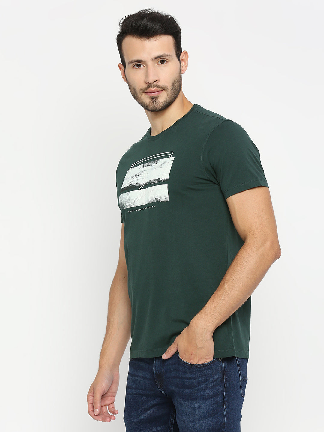 Spykar Bottle Green Cotton Half Sleeve Printed Casual T-Shirt For Men