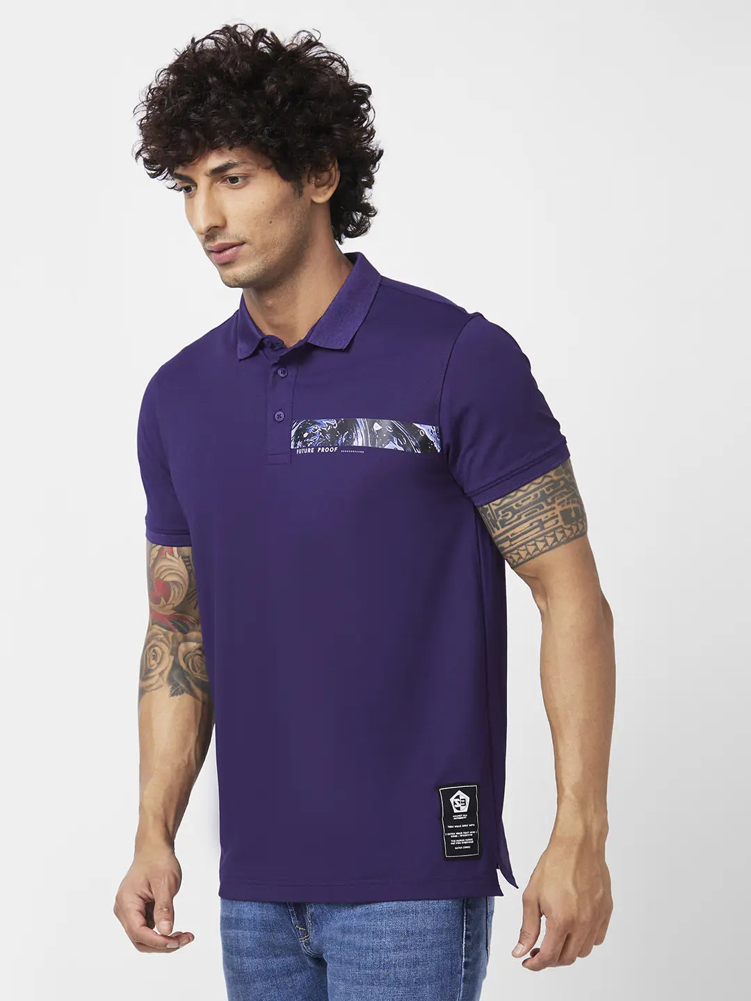 Spykar Men Deep Purple Blended Slim Fit Half Sleeve Polo Neck Plain Tshirt