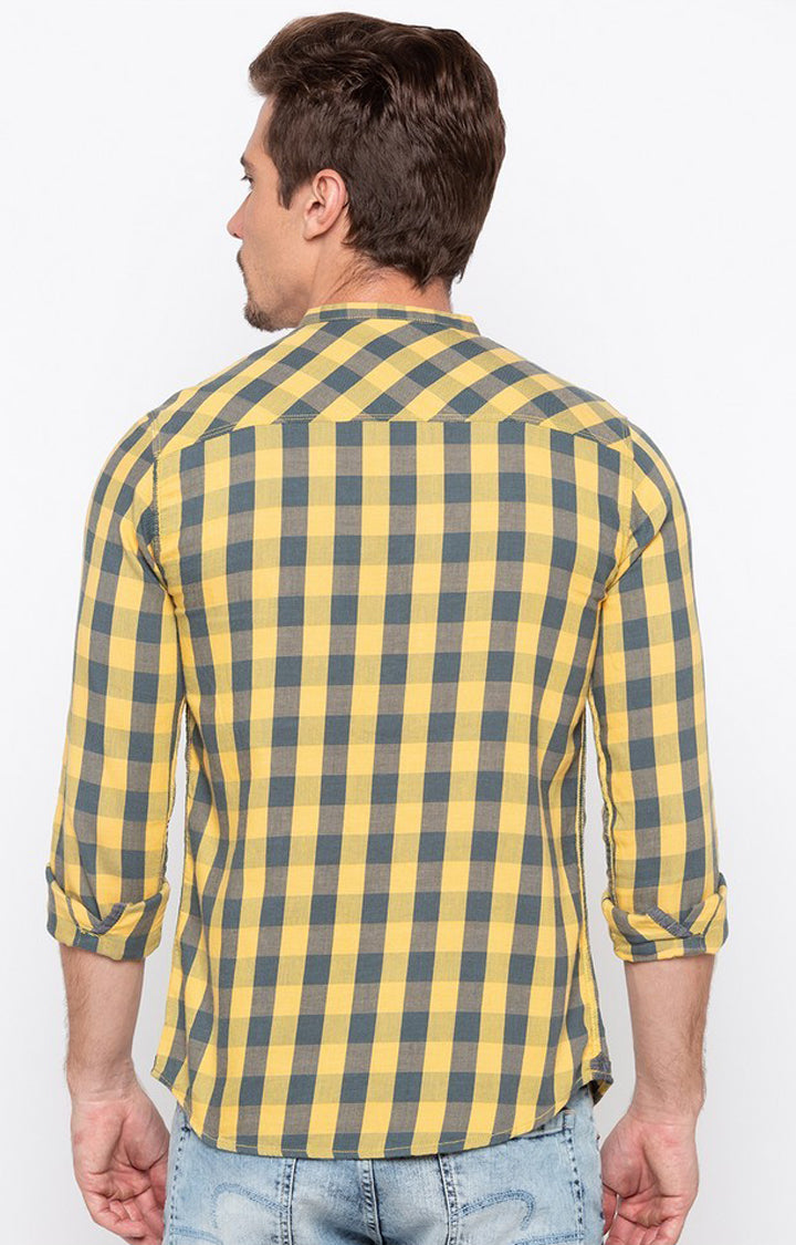 Spykar Men Yellow Cotton Slim Fit M and arin Collar Checkered Shirts