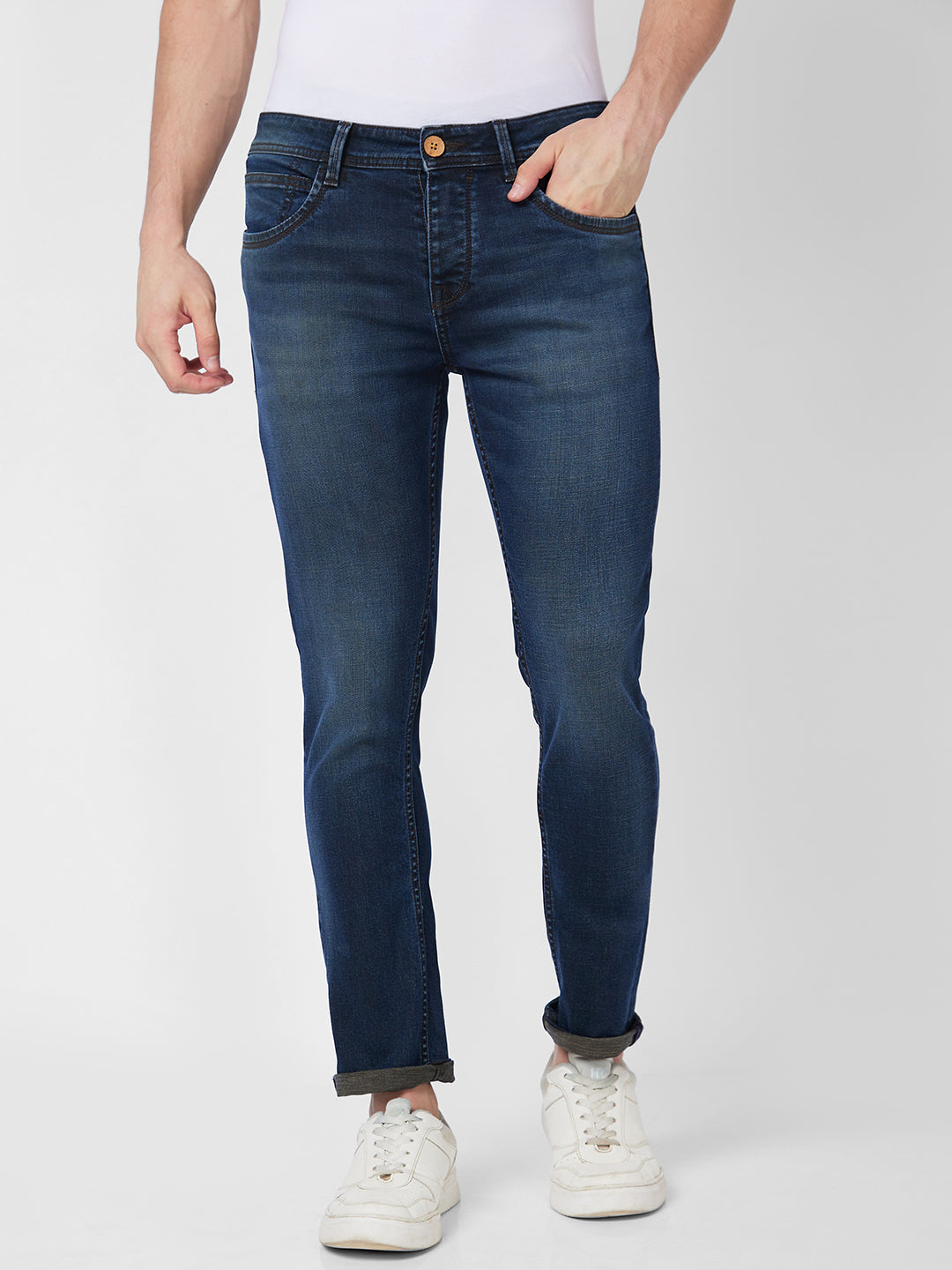 Spykar Mid Rise Regular Fit Blue Jeans For Men