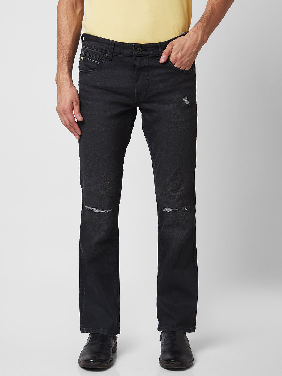 Spykar Mid Rise Bootcut Fit Black Jeans For Men