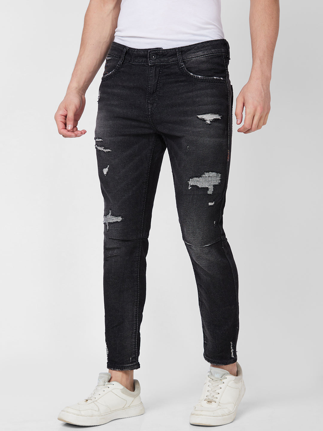 Spykar Mid Rise Tapered Fit Black Jeans For Men