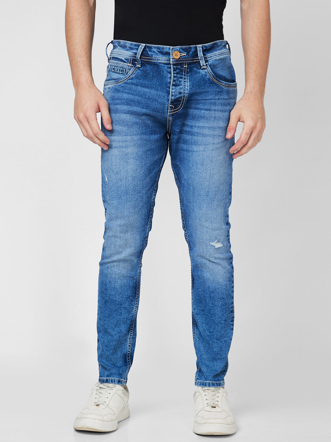 Spykar Mid Rise Tapered Fit Blue Jeans For Men