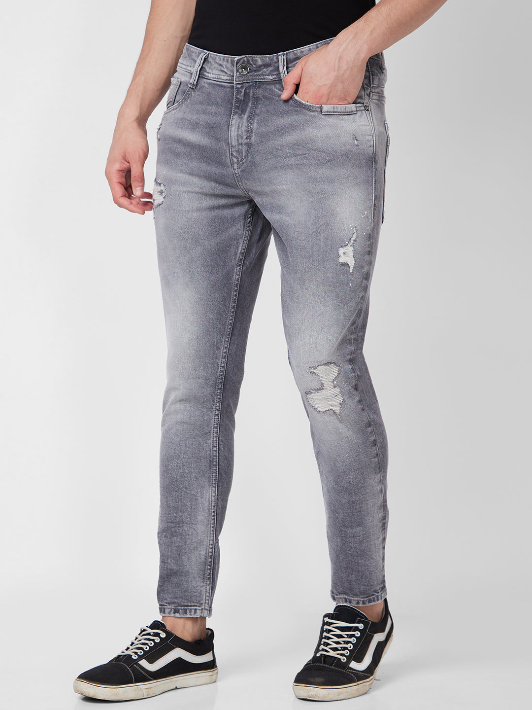 Spykar Mid Rise Tapered Fit Grey Jeans For Men