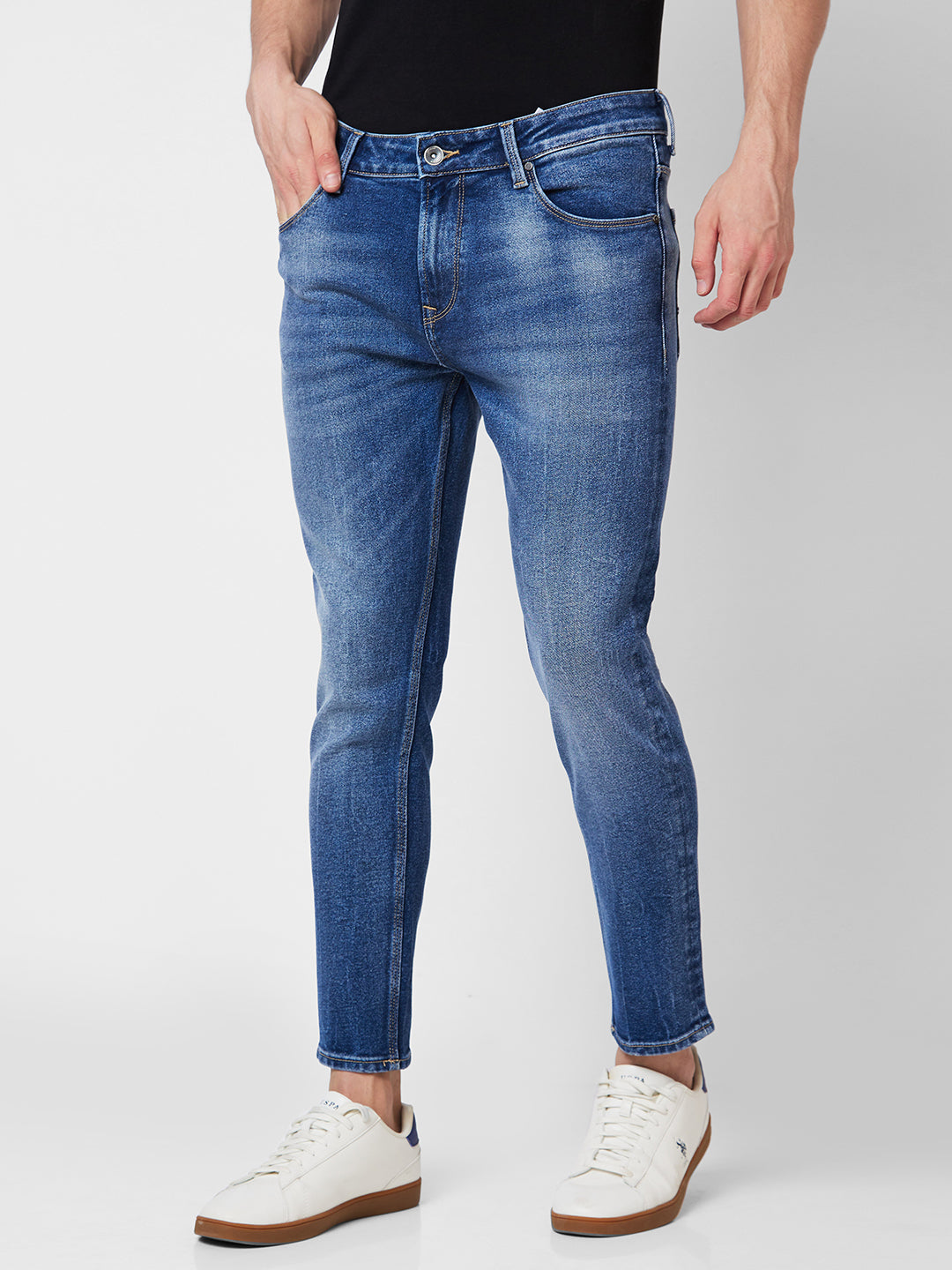 Spykar Mid Rise Tapered Fit Blue Jeans For Men