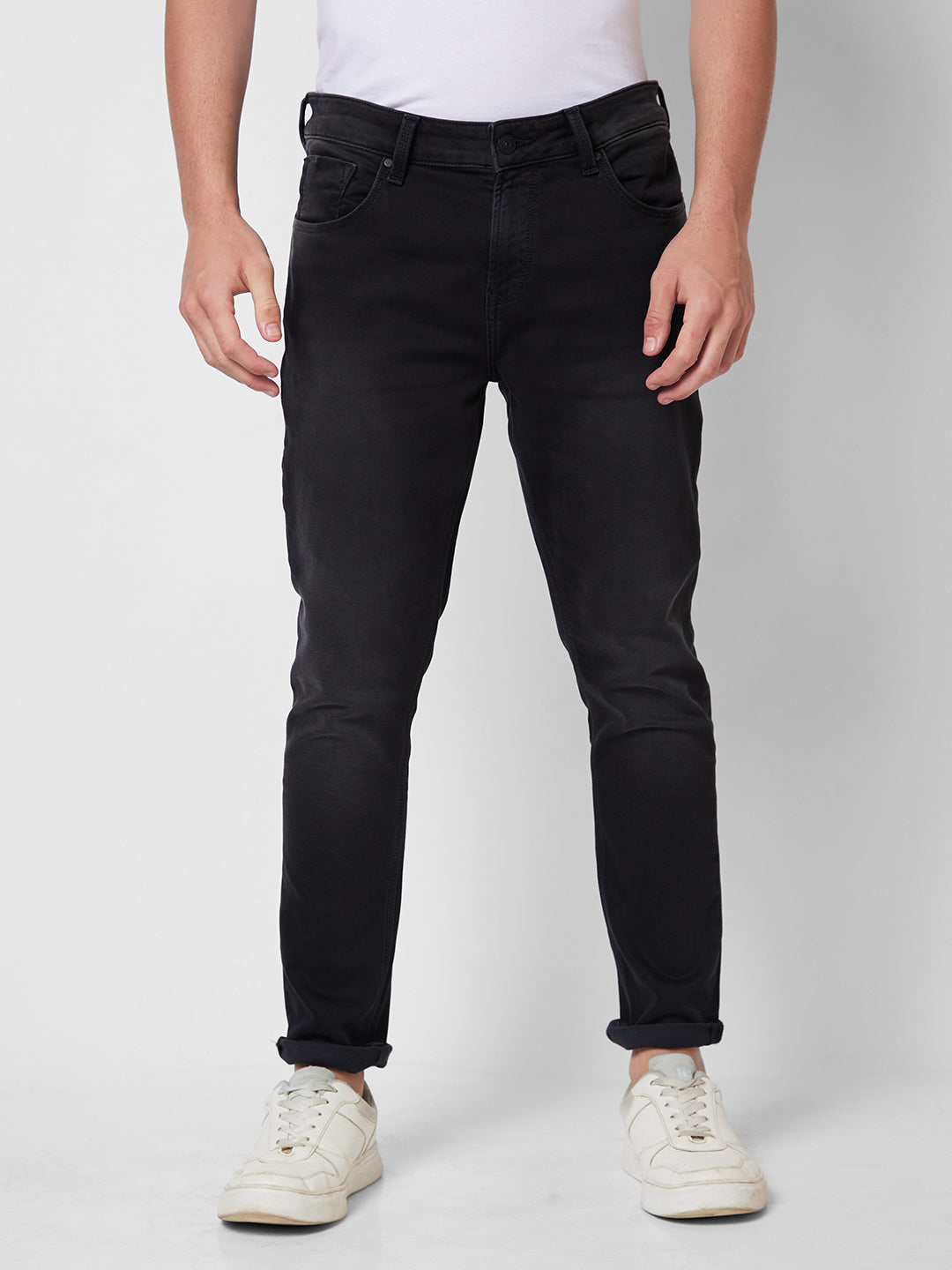 Spykar Mid Rise Tapered Fit Black Jeans For Men