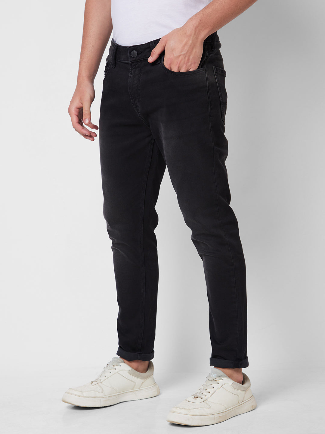 Spykar Mid Rise Tapered Fit Black Jeans For Men