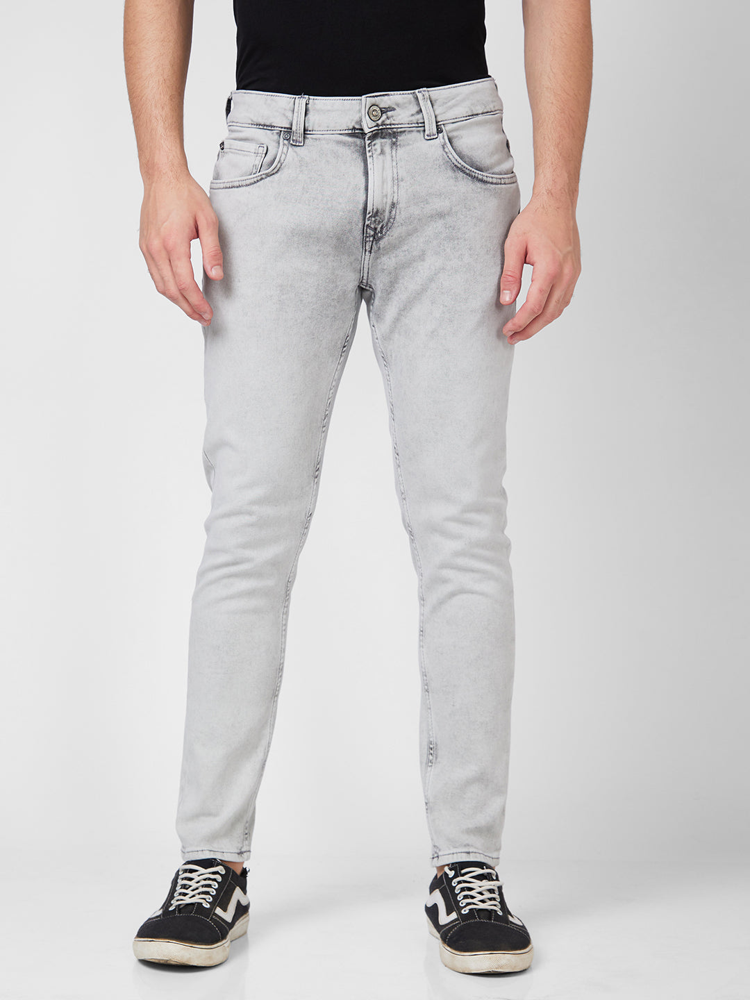Spykar Mid Rise Slim Fit Tapered Length Grey Jeans For Men