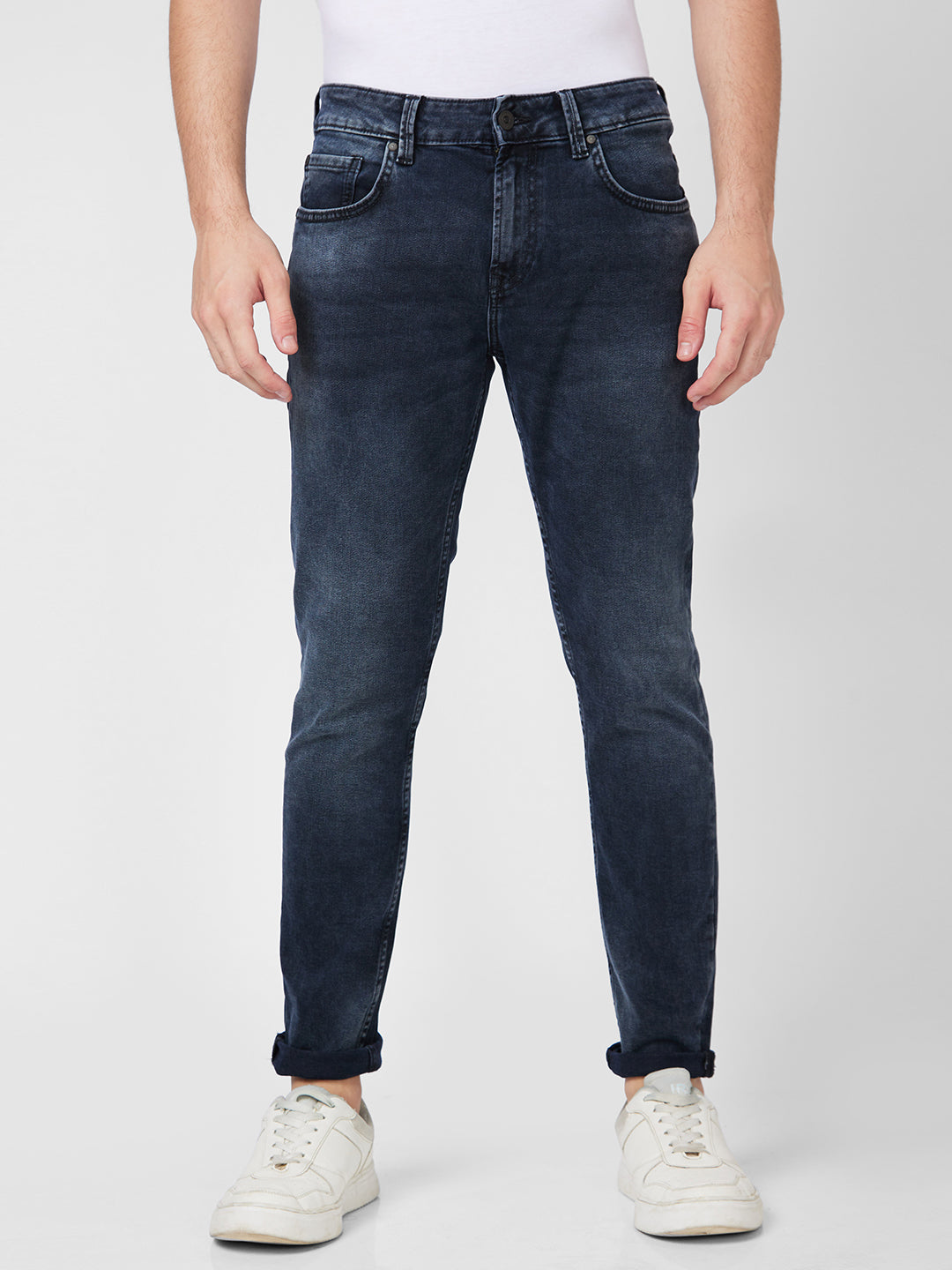 Spykar Mid Rise Slim Fit Tapered Length Black Indigo Jeans For Men
