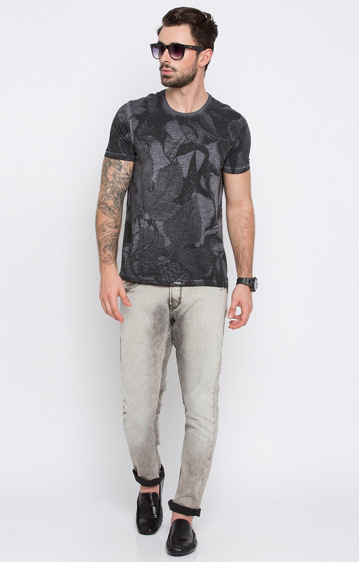 Spykar Grey Printed Slim Fit Men T-Shirts