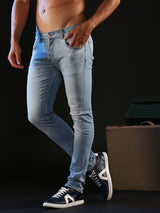 Spykar Limited Edition Light Blue Slim Fit Narrow Length Low Rise Knee Slit Premium Stretchable Denim Jeans For Men (Skinny)