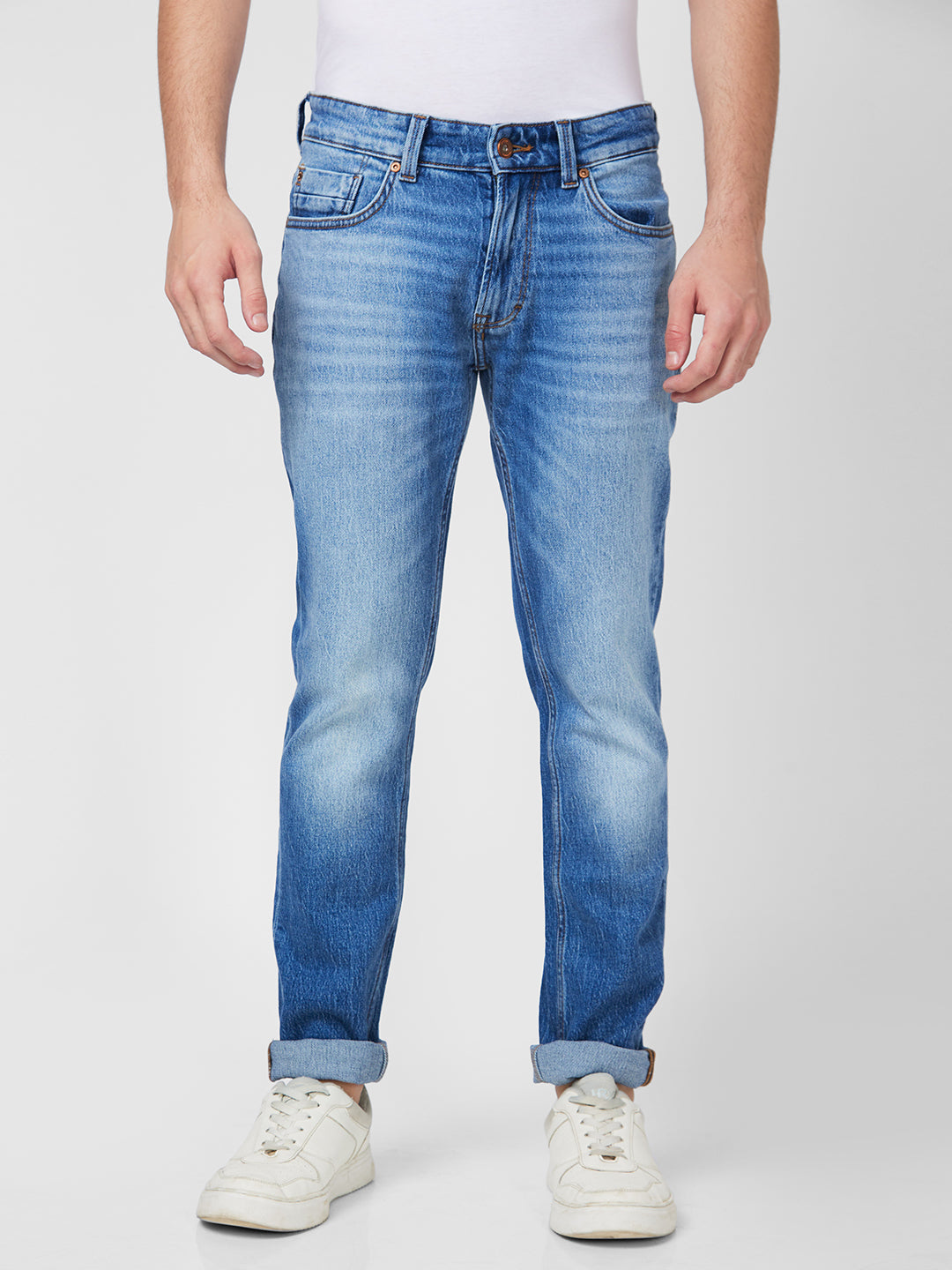 Spykar Mid Rise Regular Fit Narrow Length Blue Jeans For Men