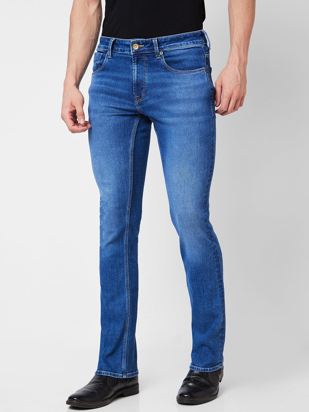 Spykar Mid Rise Bootcut  Blue Jeans For Men