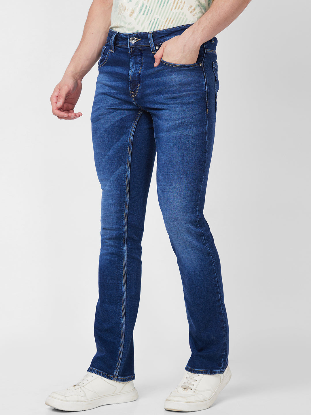 Spykar Mid Rise Bootcut  Blue Jeans For Men