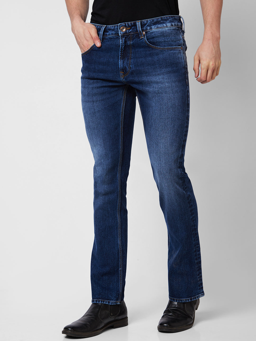 Spykar Mid Rise Bootcut  Blue Jeans For Men