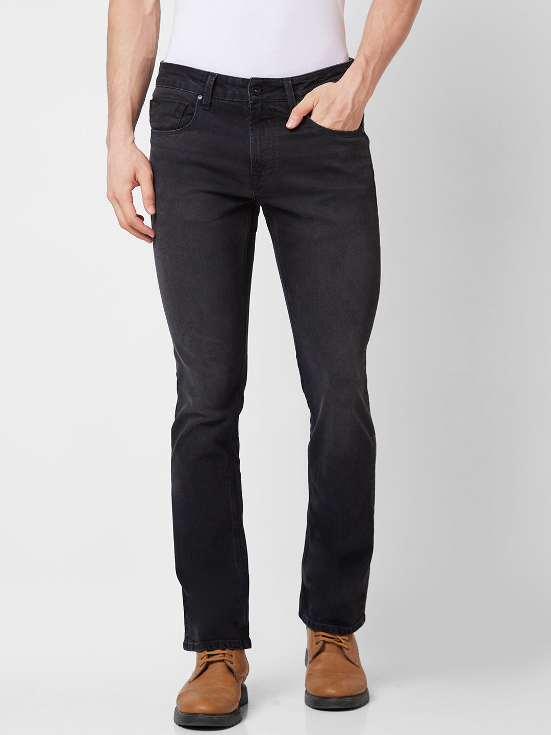 Spykar Mid Rise Bootcut  Black Jeans For Men