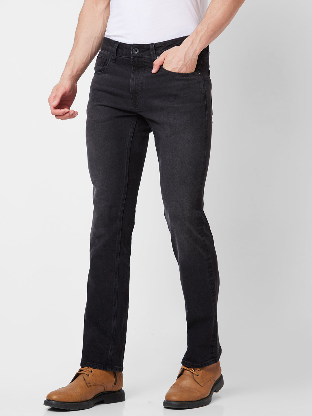 Spykar Mid Rise Bootcut  Black Jeans For Men