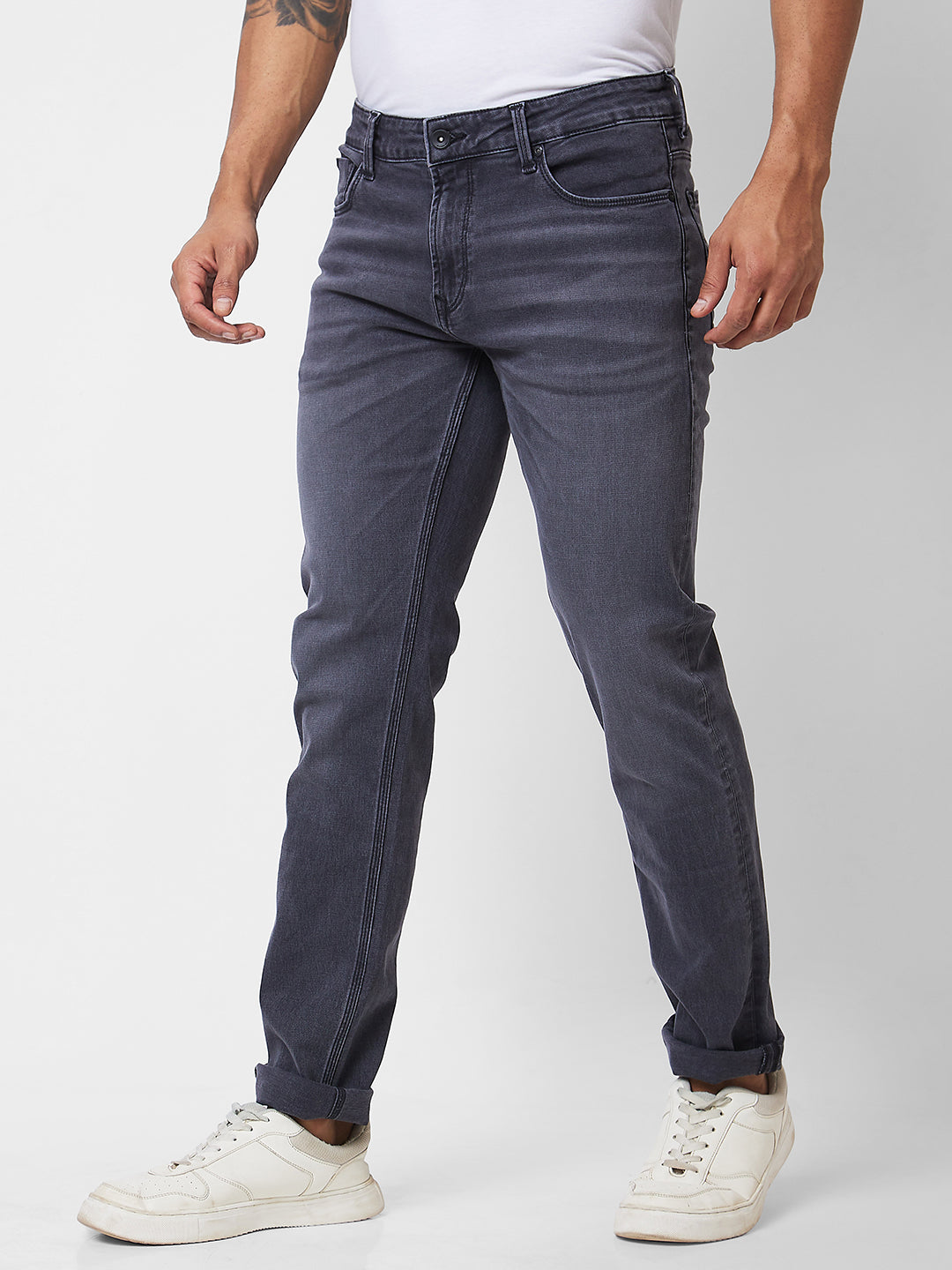 Spykar Mid Rise Comfort Fit Grey Jeans For Men