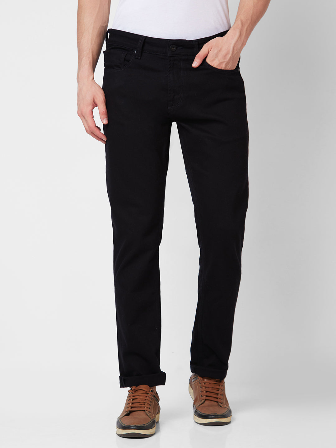 Spykar Mid Rise Comfort Fit Black Jeans For Men