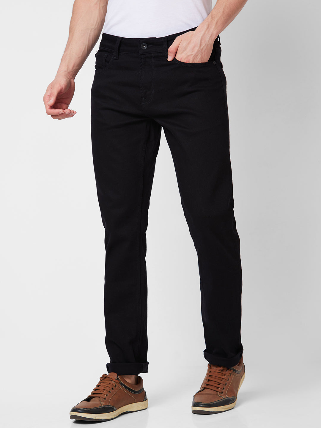 Spykar Mid Rise Comfort Fit Black Jeans For Men