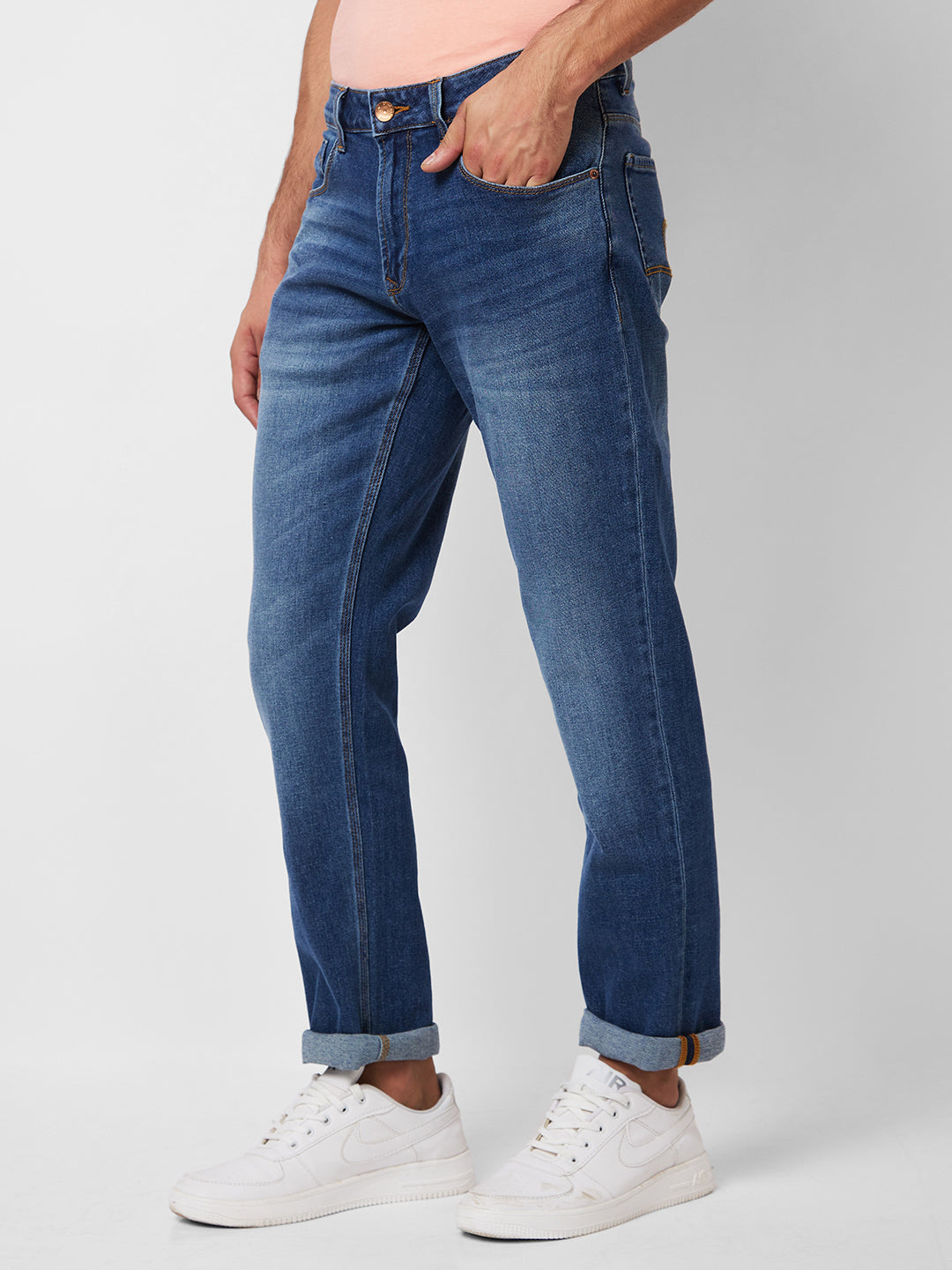 Spykar Mid Rise Regular Fit Blue Jeans For Men
