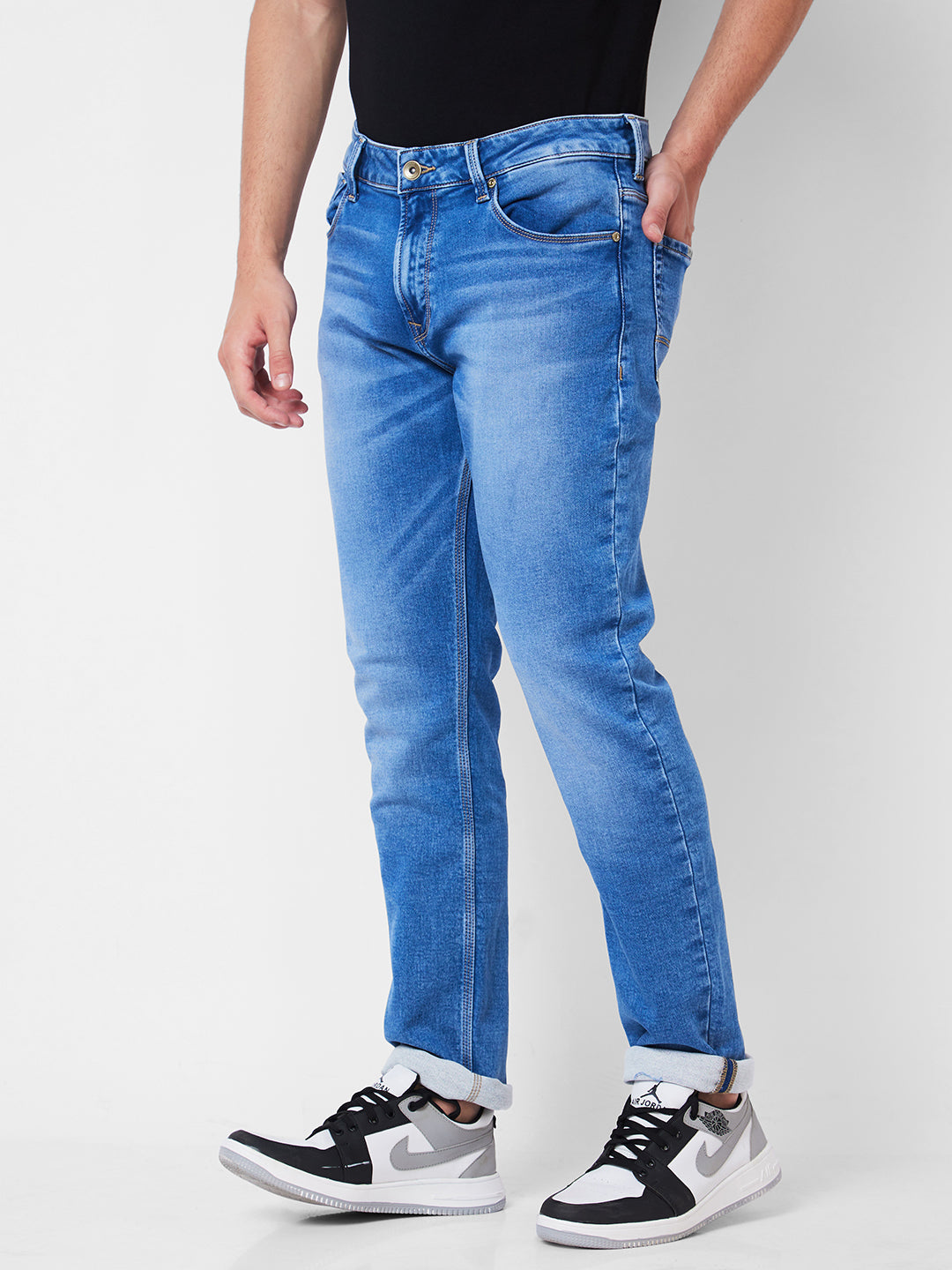 Spykar Mid Rise Regular Fit Blue Jeans For Men