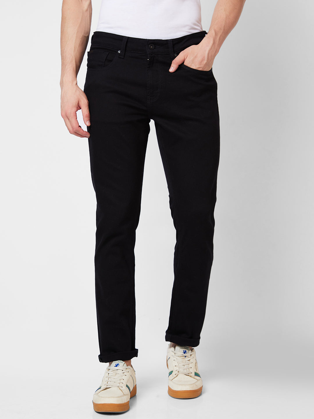 Spykar Mid Rise Regular Fit Black Jeans For Men